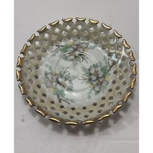 Napco Ceramics Lattice Pierced Dogwood Blossom‎ Saucer-Gilt Edge-Trinket Dish